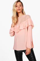 Boohoo Niamh Mesh Insert Ruffle Front Blouse Rose