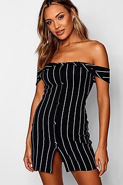 Boohoo Hazel Bardot Pinstripe Button Detail Mini Dress