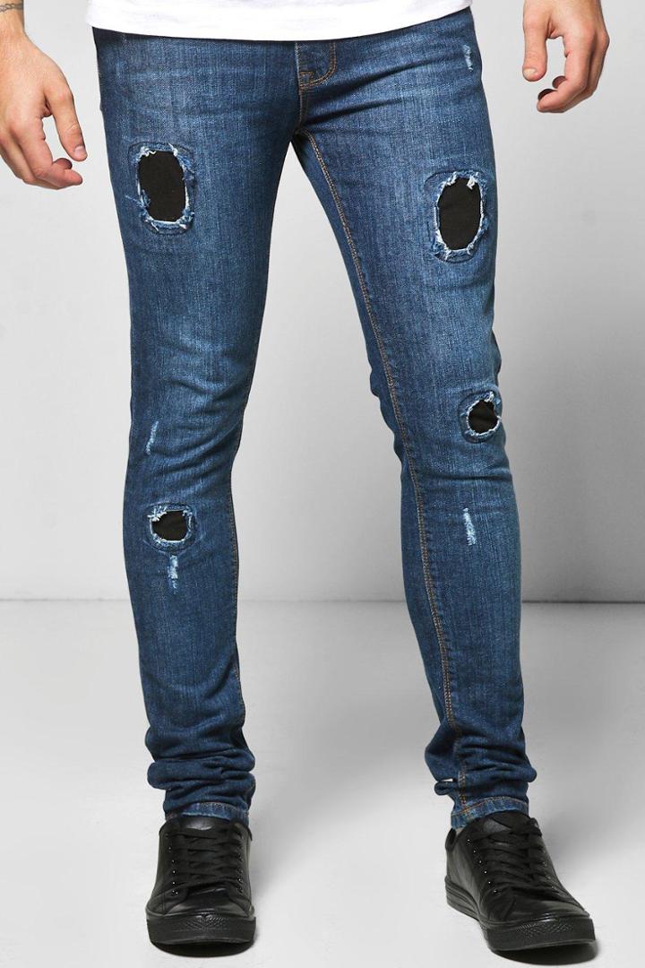 Boohoo Super Skinny Rip & Repair Jeans Blue
