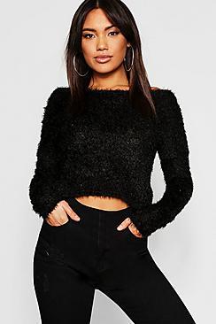 Boohoo Fluffy Knit Twist Back Crop Sweater