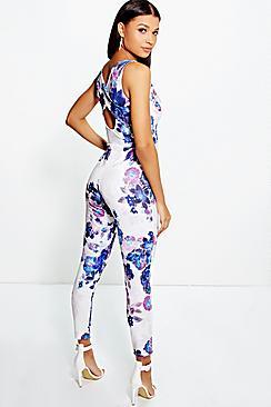 Boohoo Emma Bold Floral Print Cross Back Jumpsuit