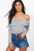 Boohoo Hannah Lace Up Bardot Knitted Top Grey
