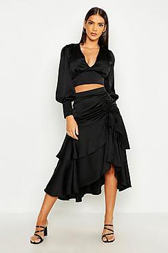 Boohoo Ruched Double Layer Midi Skirt