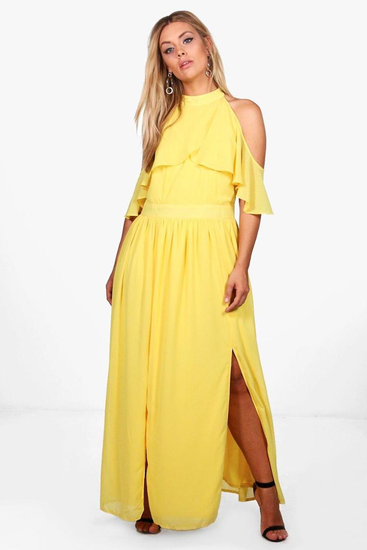 Boohoo Plus Isla Chiffon Frill Open Shoulder Maxi Dress Freesia