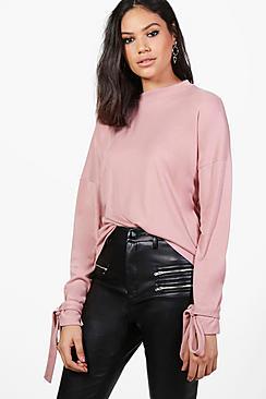 Boohoo Hannah Tie Cuff Fine Knit Jumper