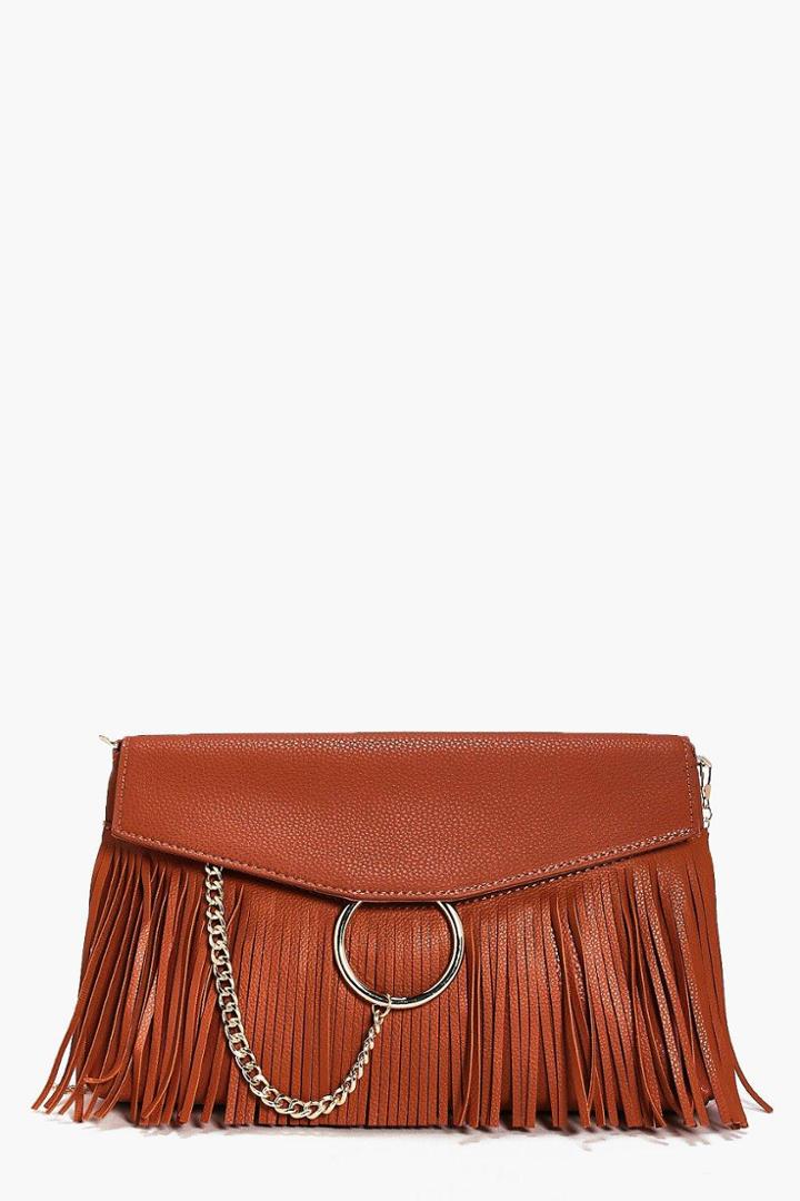 Boohoo Lillie Circle & Fringed Cross Body Bag Tan