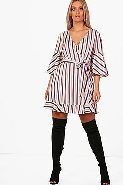 Boohoo Plus India Striped Frill Wrap Dress