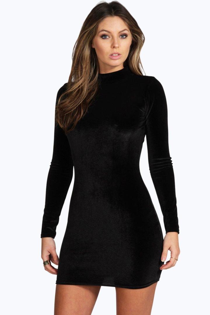 Boohoo Frances Velvet High Neck Bodycon Dress Black