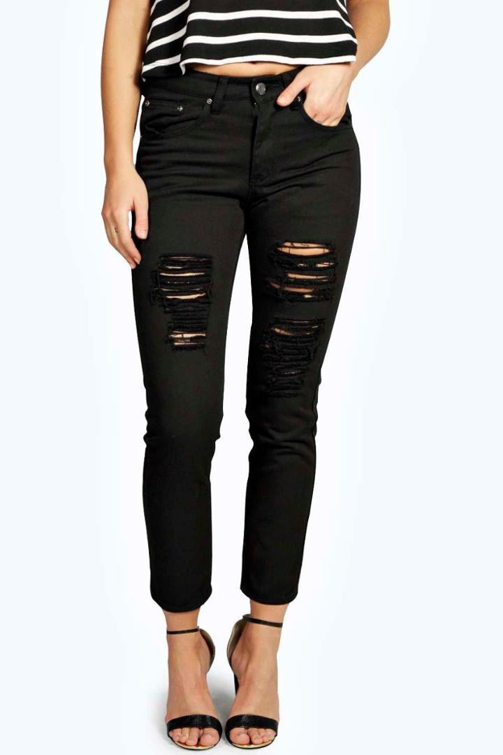 Boohoo Sara Ripped Boyfriend Black Jeans Black