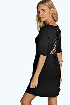 Boohoo Lavinya Lace Up Back Detail Skater Dress