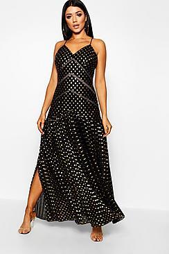 Boohoo Metallic Polka Dot Pleated Maxi Dress