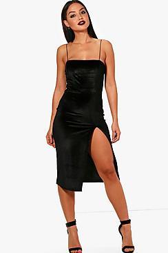 Boohoo Velvet Square Neck Side Split Midi Dress
