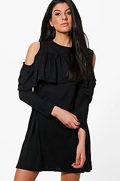 Boohoo Amelia Cold Shoulder Ruffle Swing Dress