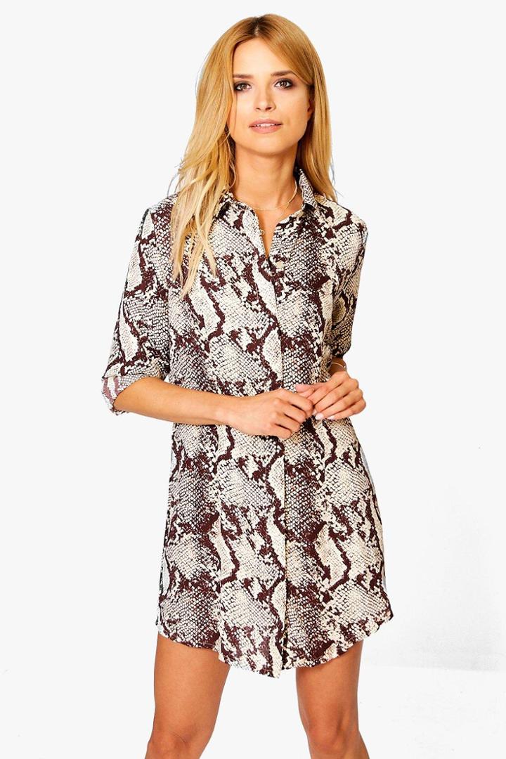 Boohoo Agneta Snake Print Shirt Dress Chocolate