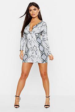 Boohoo Snake Print Twist Front Bodycon Dress