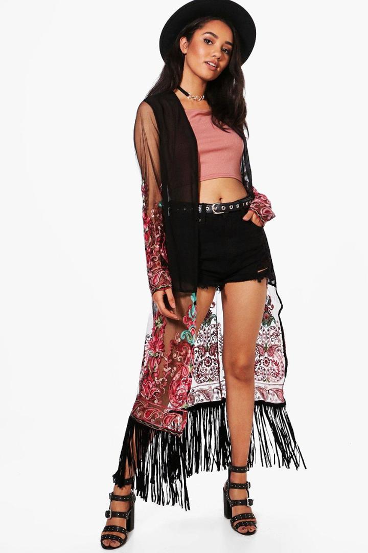 Boohoo Petite Caitlin Embroidered Tassle Maxi Kimono Black