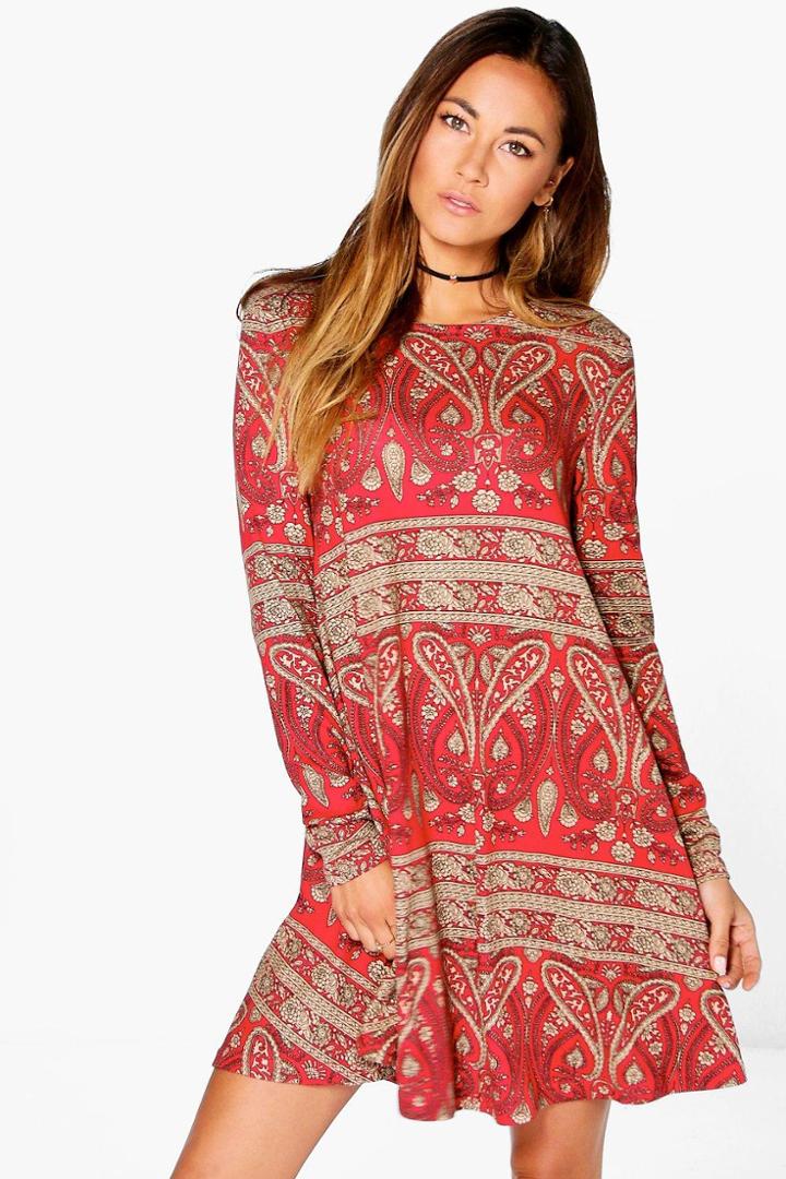 Boohoo Rosa Paisley Brushed Knit Swing Dress Ruby