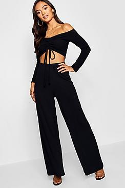 Boohoo Petite Ribbed Wide Leg Trouser