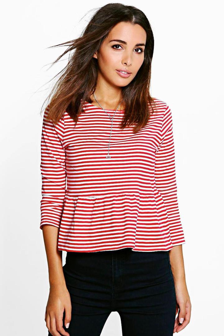 Boohoo Eva Stripe Jersey Peplum Tee Red