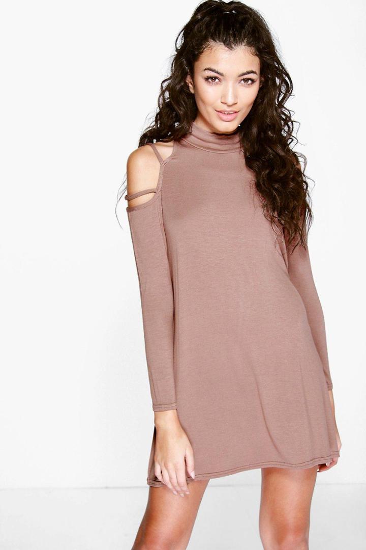 Boohoo Rosamary Strappy Shoulder Swing Dress Mocha