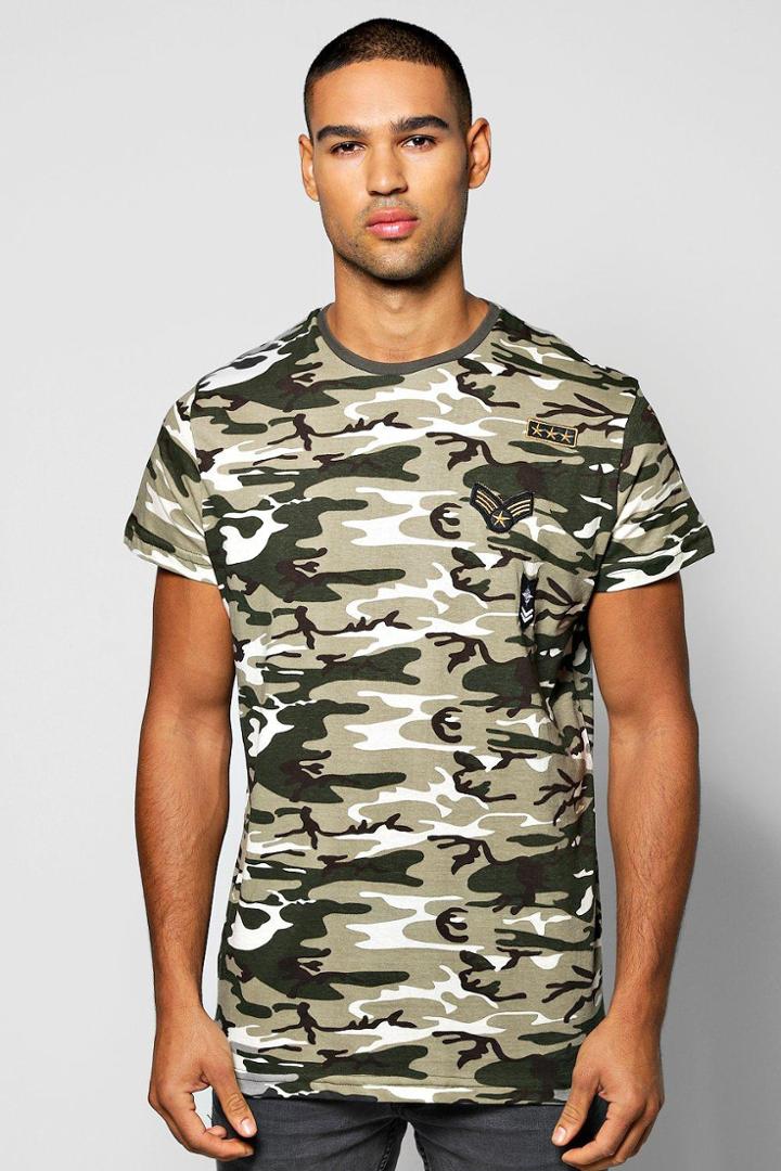 Boohoo Longline Camo Badge T-shirt W/scoop Hem Sand