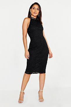 Boohoo Premium Lace High Neck Midi Dress