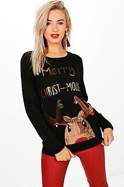 Boohoo Erin Merry Christ-moose Sequin Christmas Jumpers