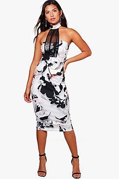 Boohoo Lacey Mesh Halter Floral Midi Dress