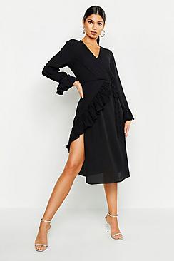 Boohoo Pleated Chiffon Flare Sleeve Midi Dress