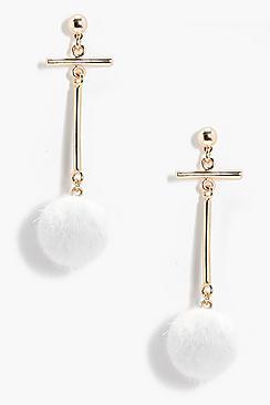 Boohoo Ella Faux Fur Pom Cross Bar Earrings