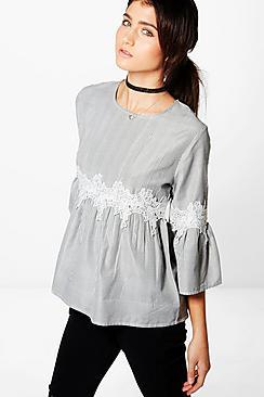 Boohoo Hannah Crochet Trim Insert Stripe Woven Top