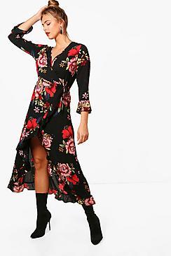Boohoo Hillary Floral Midi Wrap Front Tea Dress