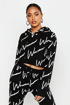 Boohoo All Over Woman Print Crop Hoodie