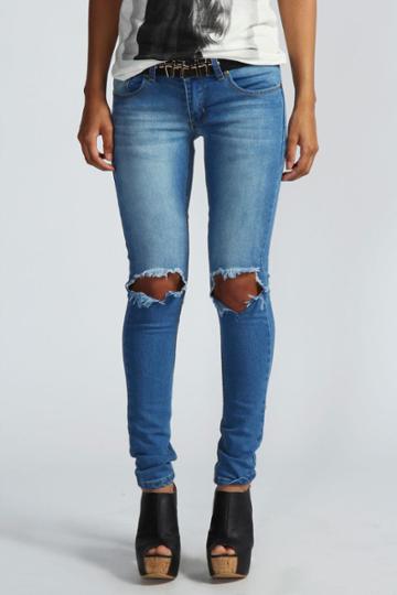 Boohoo Izzie Open Knee Skinny Rigid Jeans - Blue