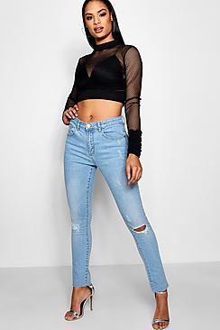 Boohoo Mid Rise Raw Hem Distressed Skinny Jeans