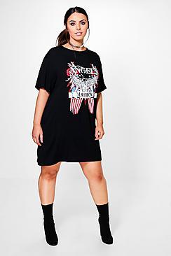 Boohoo Plus Jenni 'angels Of America' Print Tshirt Dress
