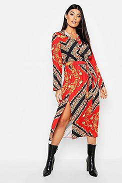 Boohoo Woven Floral Scarf Print Midi Shirt Dress