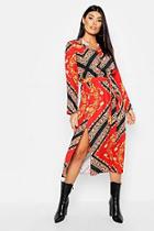 Boohoo Woven Floral Scarf Print Midi Shirt Dress
