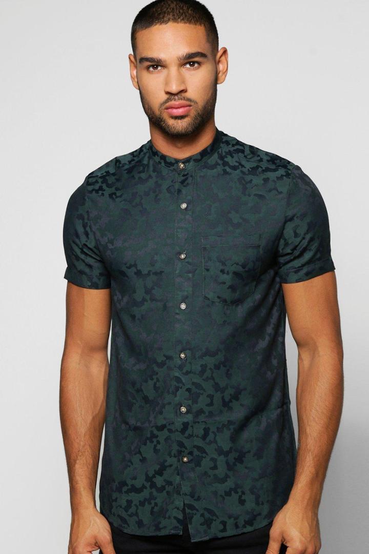 Boohoo Short Sleeve Camo Jacquard Woven Shirt Green