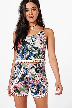 Boohoo Katerina Tropical Pom Pom Crop & Short Co-ord Set