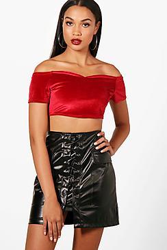 Boohoo Fiona Velvet Bardot Crop Top