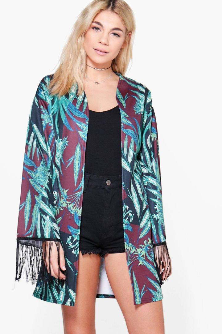 Boohoo Holly Tropical Print Tassel Trim Kimono Multi