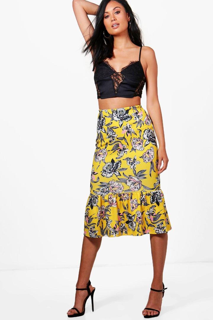 Boohoo Mia Ruffle Hem Bright Floral Midi Skirt Ochre