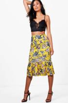 Boohoo Mia Ruffle Hem Bright Floral Midi Skirt Ochre