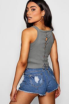 Boohoo Ribby Vest Wist Tie Up Back