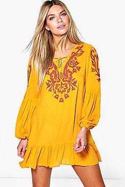 Boohoo Tisha Embroidered Frill Hem Smock Dress