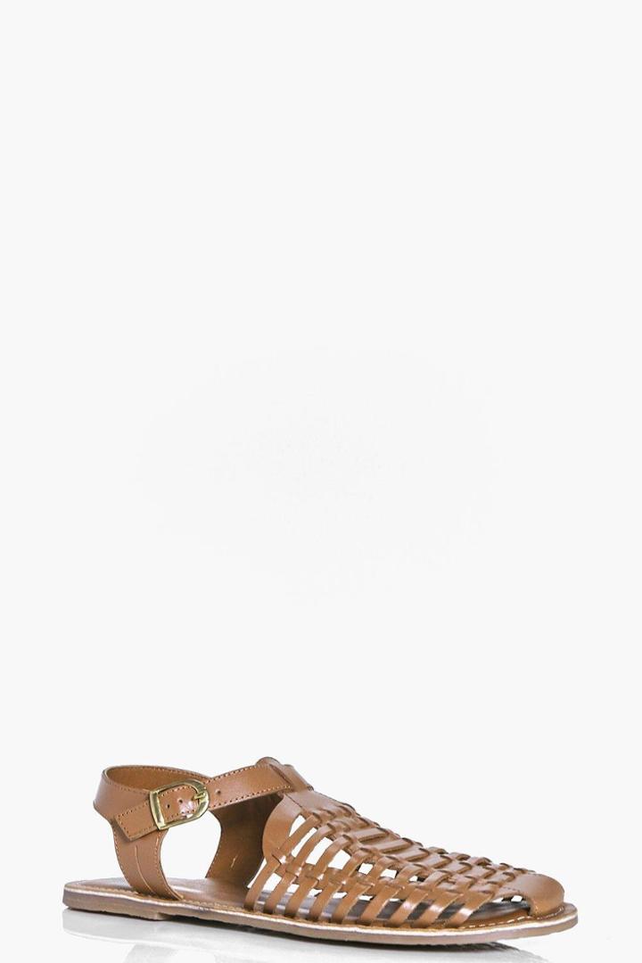 Boohoo Ruby Leather Fisherman Woven Sandal Tan