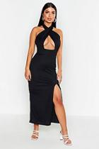 Boohoo Petite Twist Halter Neck Split Maxi Dress