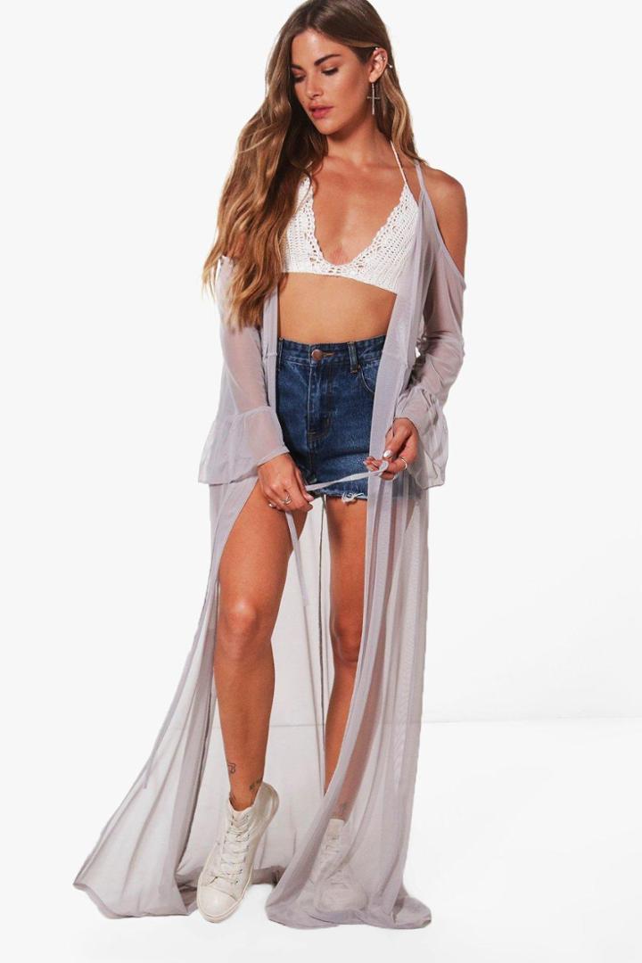 Boohoo Katerina Cold Shoulder Frill Sleeve Mesh Kimono Grey