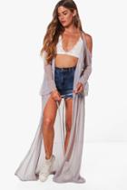 Boohoo Katerina Cold Shoulder Frill Sleeve Mesh Kimono Grey